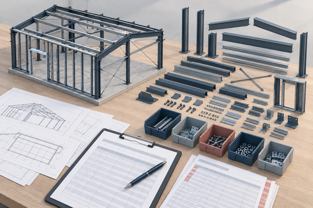 A steel component model broken into identifiable pieces beside organized quantity counters and unmarked takeoff sheets.