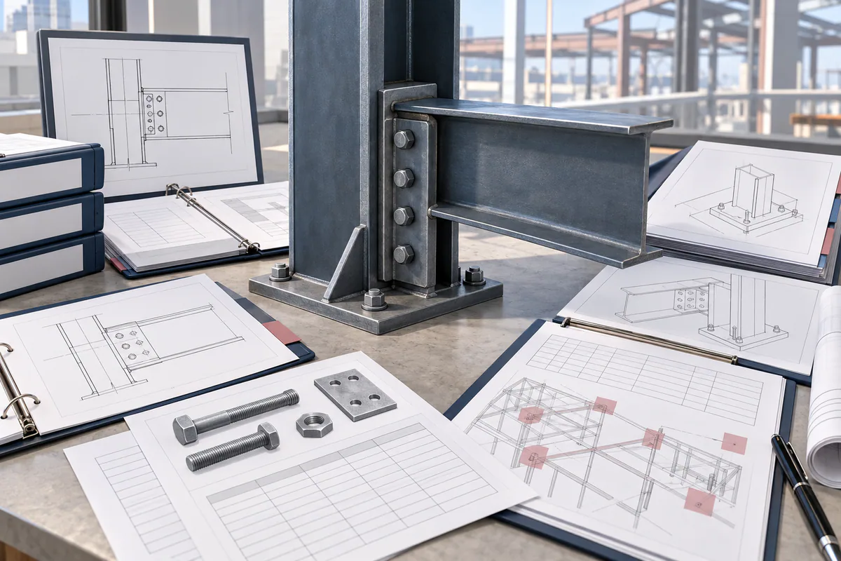 An actual steel connection sample surrounded by organized blank detail, product, and inspection documents.