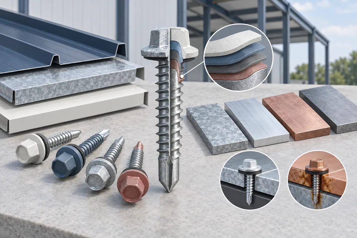 Fastener coating layers presented as a restrained cutaway beside compatible and dissimilar metal material samples.