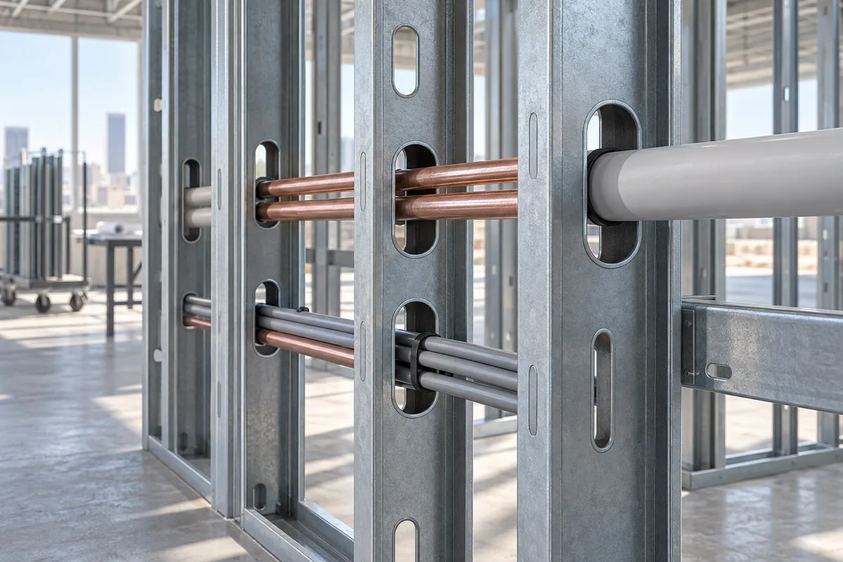 Factory punchouts in a steel stud aligned with a coordinated service route, with no field cutting in progress.
