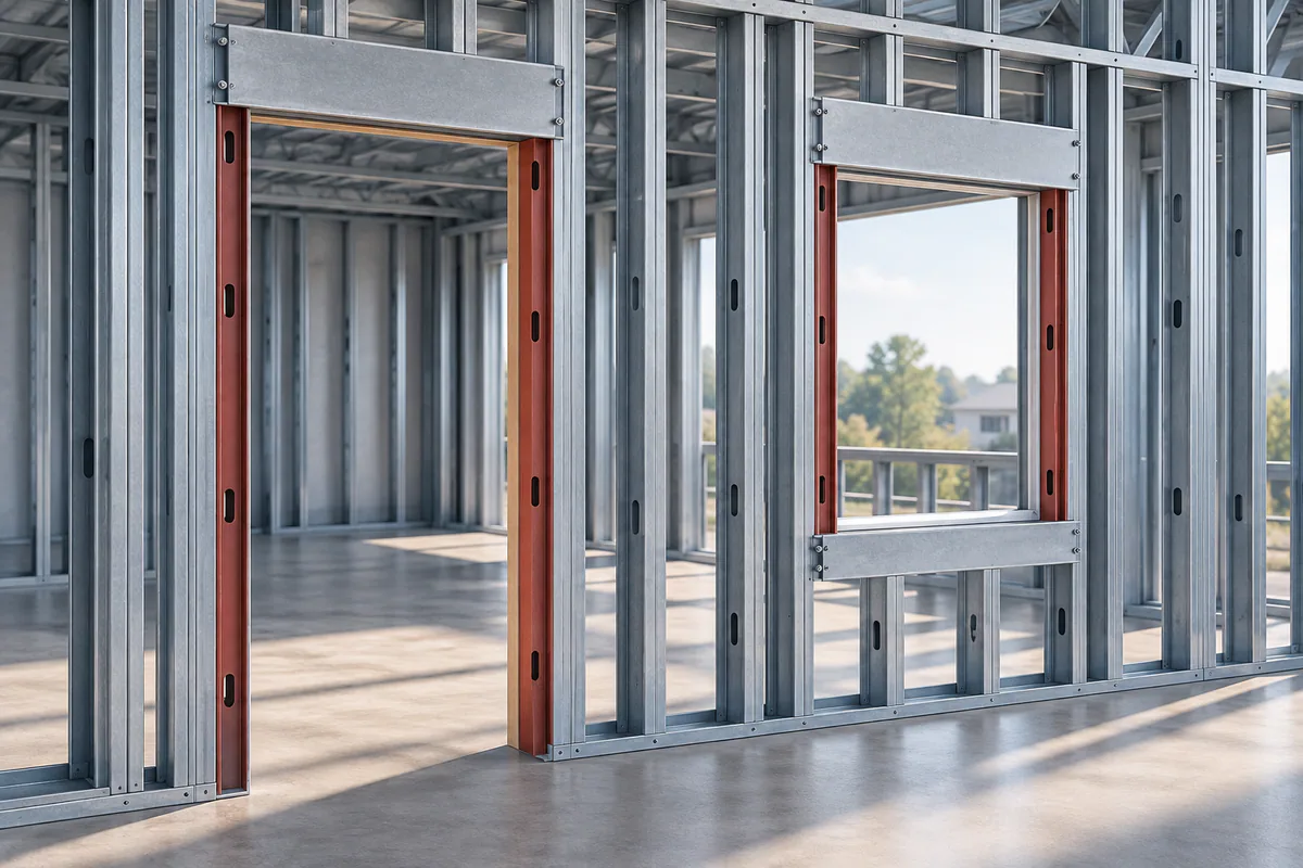 Unfinished steel-framed door and window openings with headers, jambs, and sill members visible together.