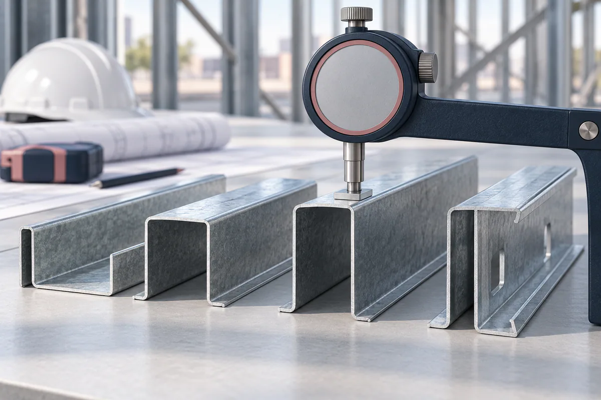 Several steel framing cross-section edges beneath a precision thickness measuring instrument, without readable markings.