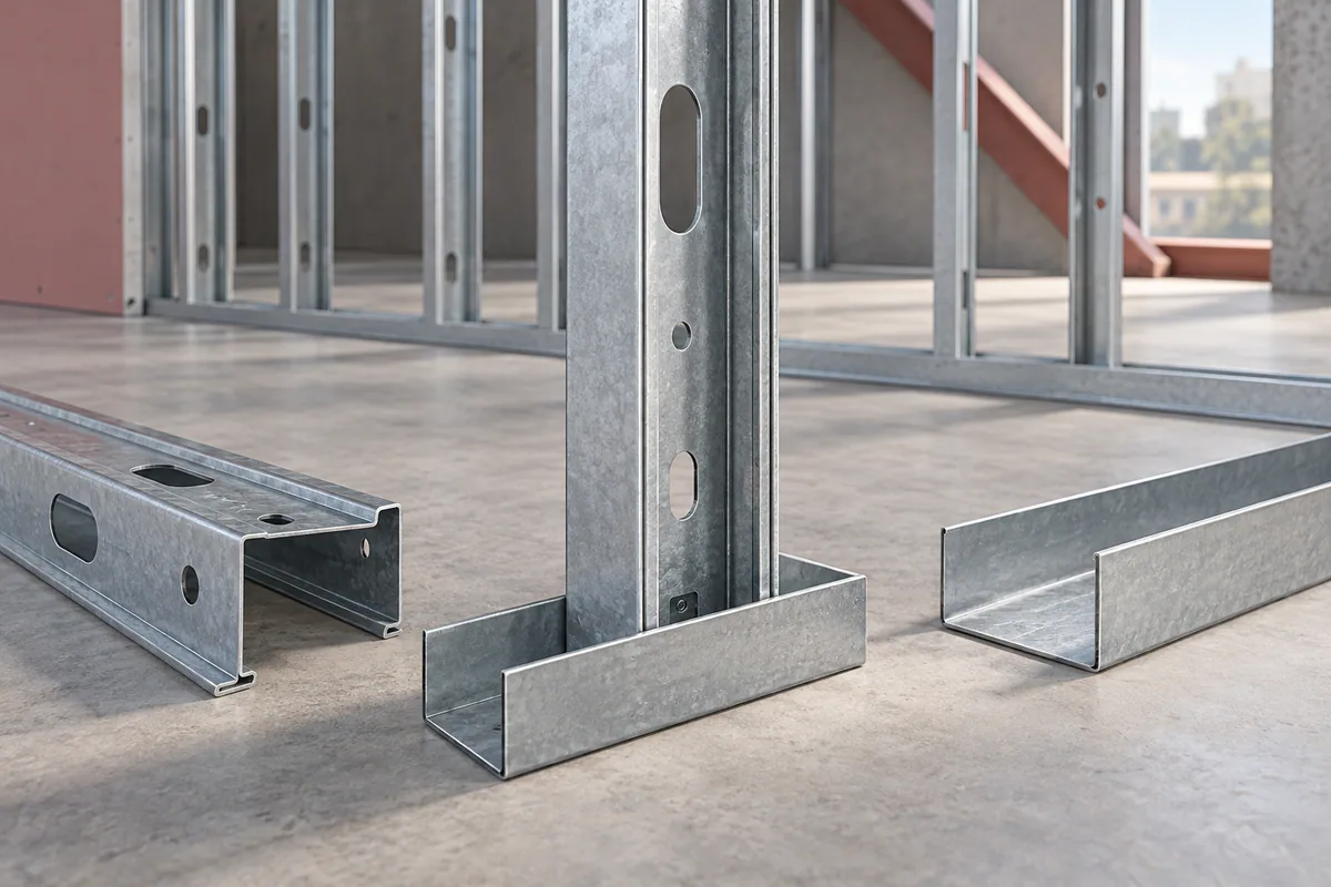 A galvanized wall stud seated in a horizontal track, with unassembled stud and track profiles beside it.