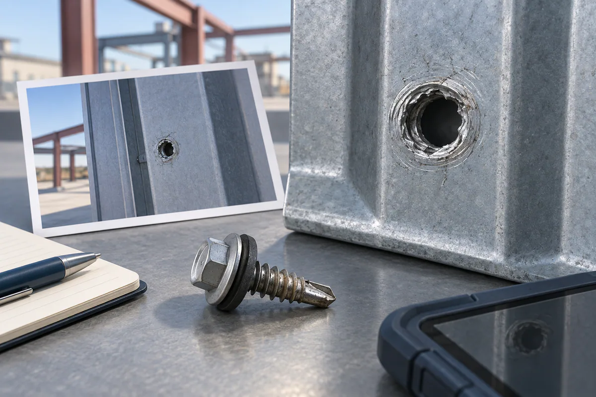 An isolated enlarged steel screw hole and removed fastener preserved beside a location-photo record, without a repair prescription.