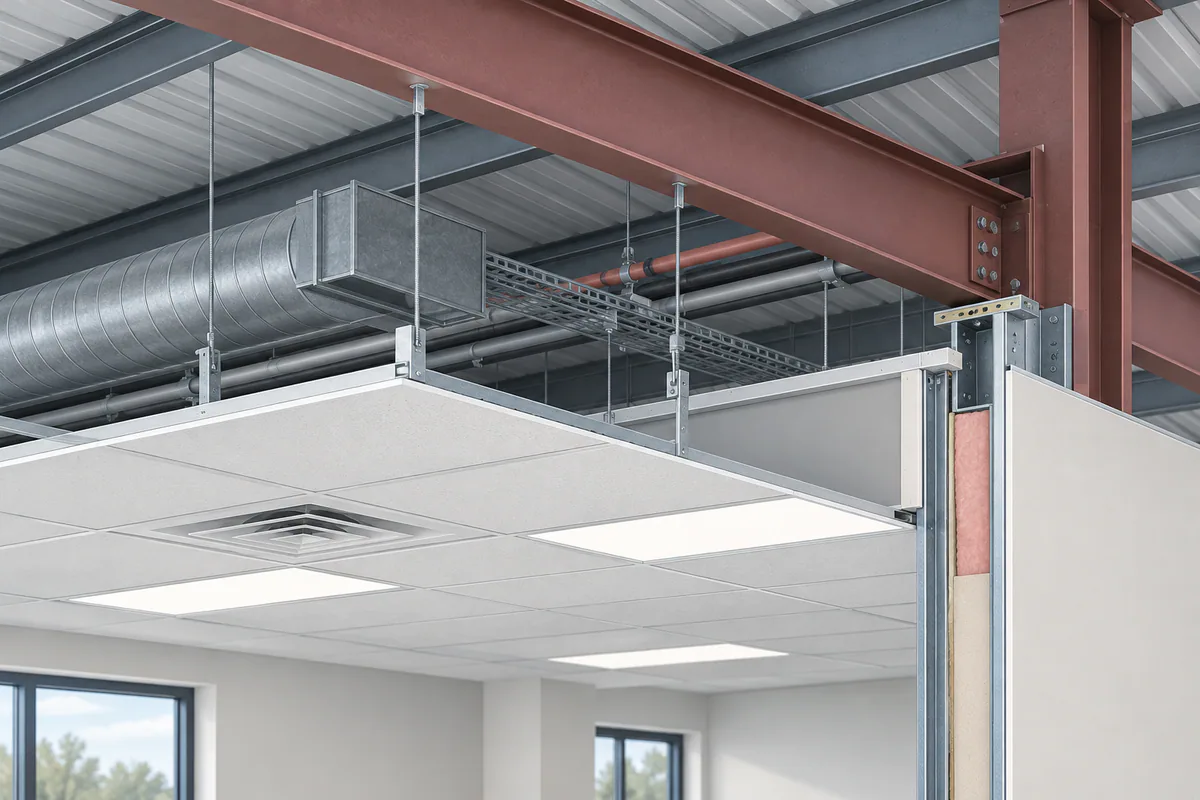 Suspended ceiling below a steel frame, with service routes and a movement-sensitive partition junction shown in cutaway.