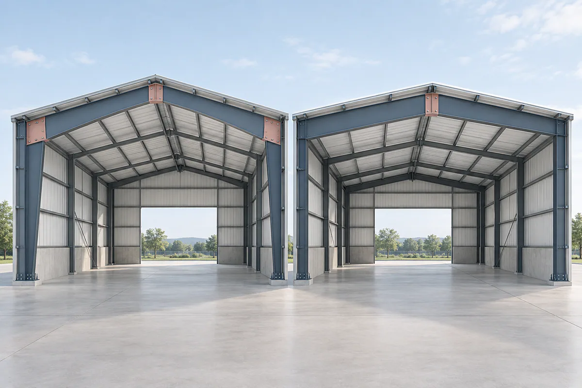 Tapered and constant-depth steel portal frames displayed side by side at the same scale and viewing angle.