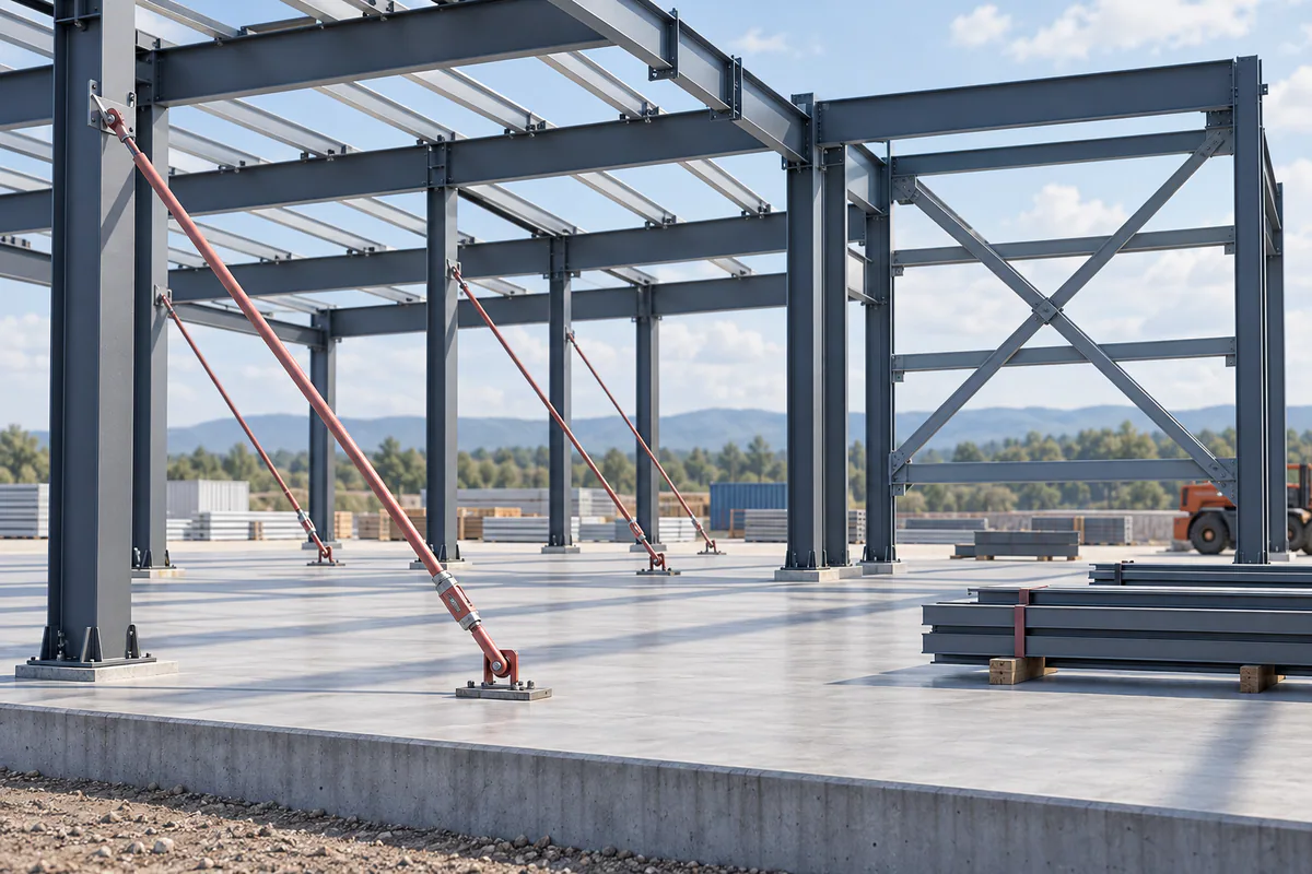 A partially erected steel frame with construction-stage restraints distinct from its permanent braced bay.