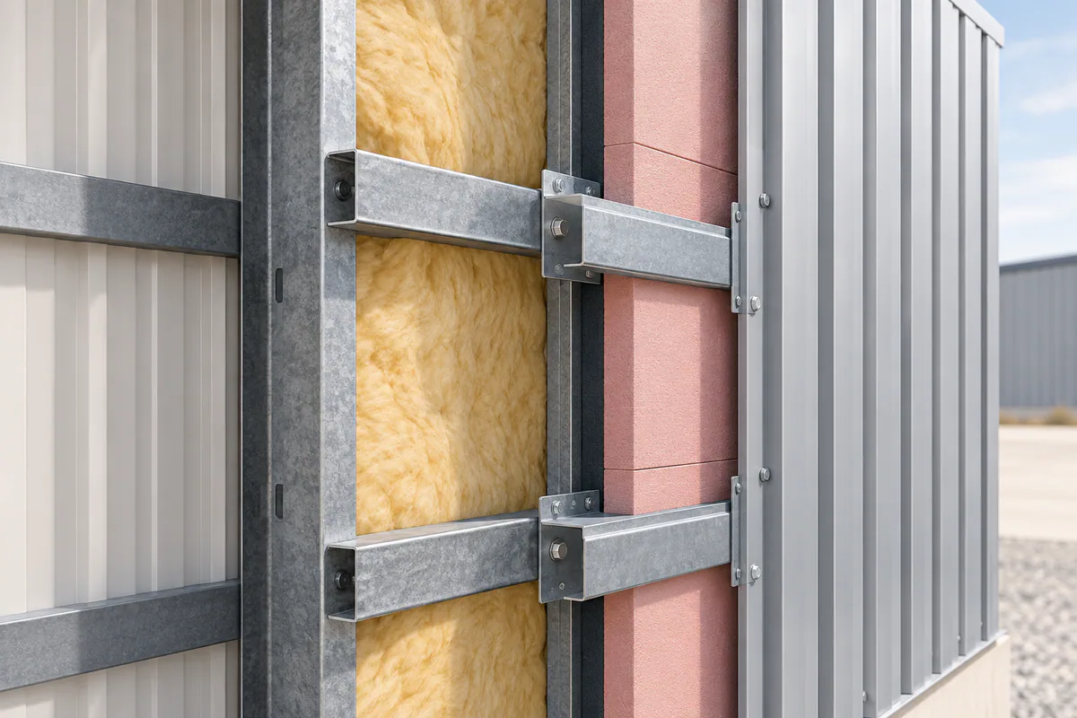 Wall cutaway showing steel attachments crossing insulation, with the physical thermal bridge emphasized by selective lighting.