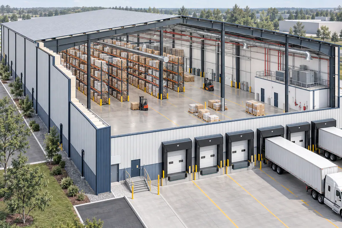 A warehouse shell cutaway completed with racks, loading docks, circulation, services, and operational clearances.
