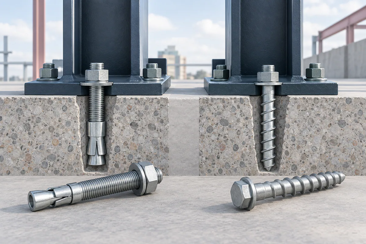 Ilustración conceptual sobre Anclajes de cuña y anclajes de tornillo para uniones de acero con concreto.