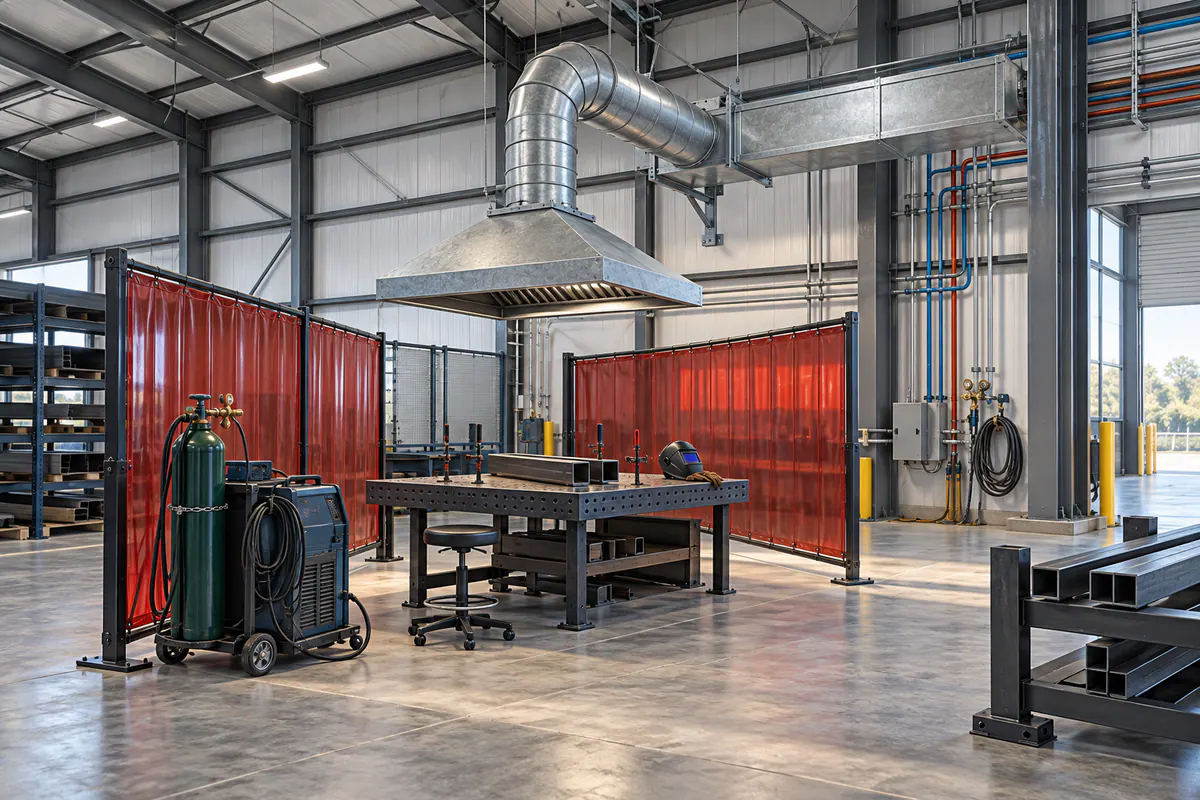 An idle welding workstation in a steel workshop with extraction hood, utility routes, and separated hot-work zone.